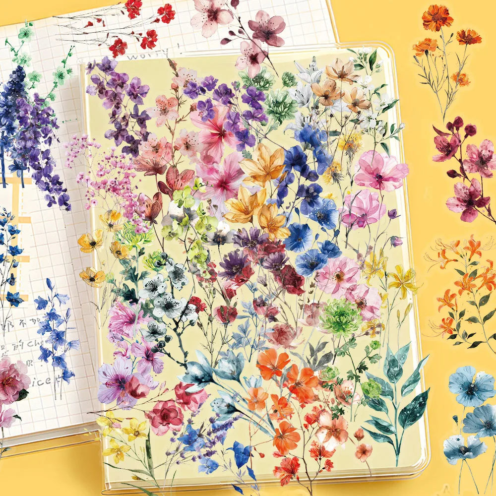 50PCS Ink Flower Sticker Pack Waterproof Transparent PET Brochure Flower Material Decorative Guitar Notebook Waterproof Stickers