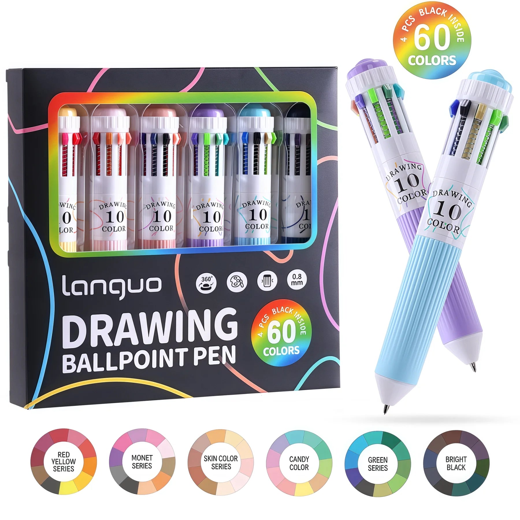 3/6 Pack Multicolor Pens 28/60 Colors 10-in-1 Colored Ballpoint Pen 0.8mm Fine Point Smooth Writing Retractable Ballpoint Pens