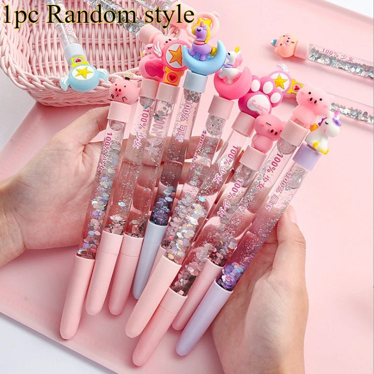 Cute Cartoon Sparkle Gel Pens (1pc/3pcs) - Sequin-Filled Animal-Topped Pens, Glittery Unicorn/Pig Stationery, Fun Writing Tools