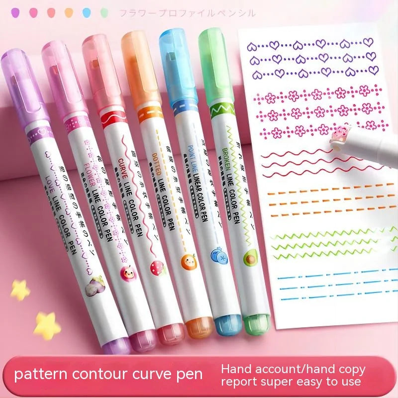6Pcs Flower Line Shaped Highlighter Pens, Roller Tip, Curve Liner Marker, Writing, Journaling, Drawing Stationery, Kawaii