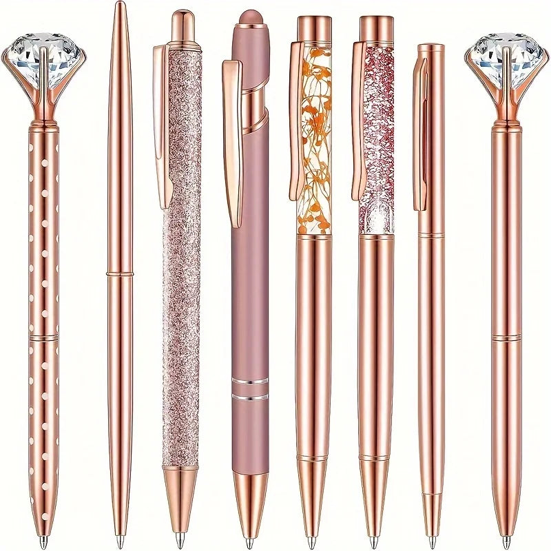 8pcs Rose Golden Ballpoint Pen Set - Stylish Metal Pens with Crystal Accents - Perfect for Students, Office, Gifts, and Weddings