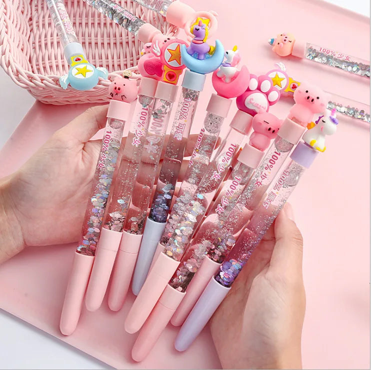 Cute Cartoon Sparkle Gel Pens (1pc/3pcs) - Sequin-Filled Animal-Topped Pens, Glittery Unicorn/Pig Stationery, Fun Writing Tools