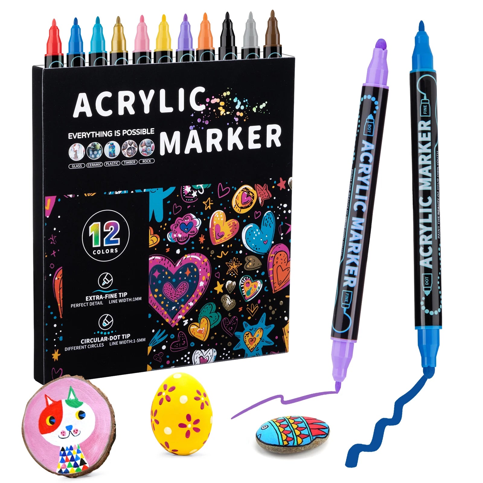 Double-Ended Acrylic Paint Markers 12/36 Colors, Overlayable Quick-Dry Waterproof Art Pens for Sketching & Crafting