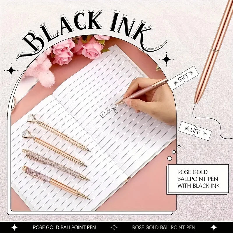 8pcs Rose Golden Ballpoint Pen Set - Stylish Metal Pens with Crystal Accents - Perfect for Students, Office, Gifts, and Weddings