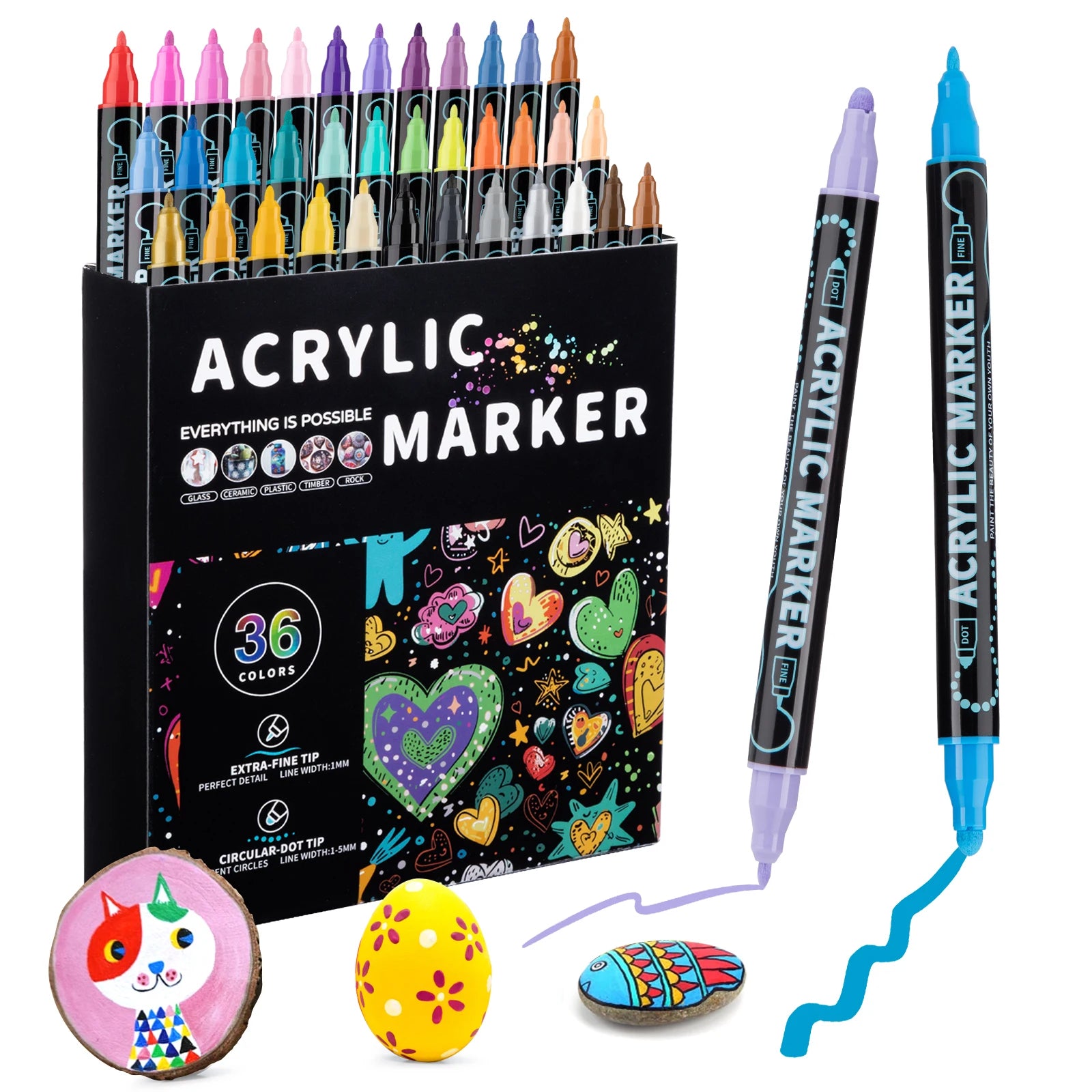 Double-Ended Acrylic Paint Markers 12/36 Colors, Overlayable Quick-Dry Waterproof Art Pens for Sketching & Crafting